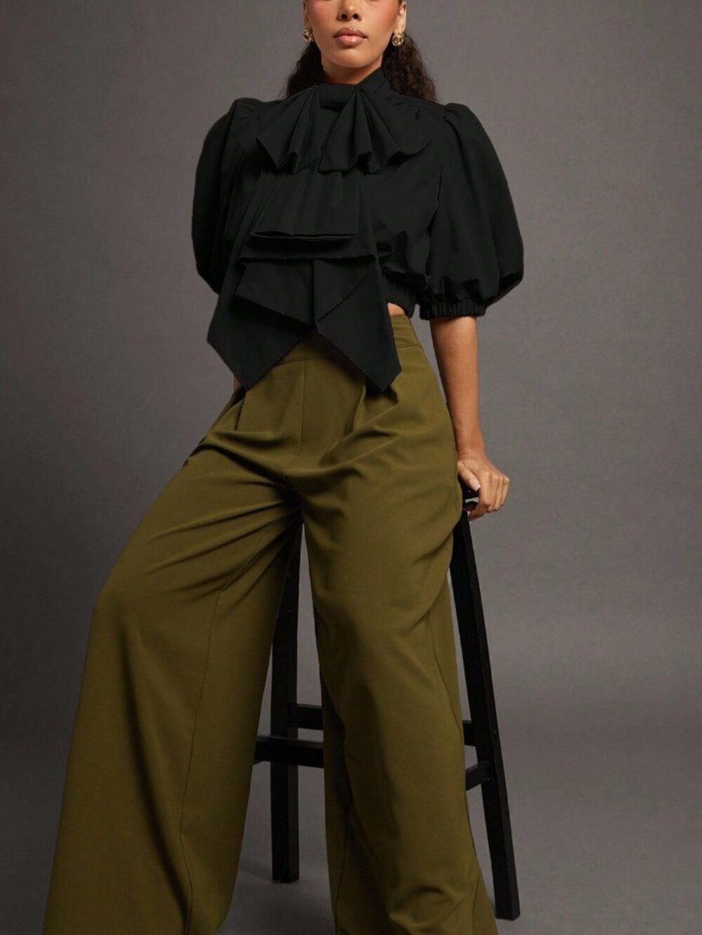 Black Elegant Women's Exaggerated Bow Puff Sleeve Zip Up Woven Top - Picture 3 of 5